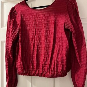 LOFT Red Smocked Long Sleeve Blouse